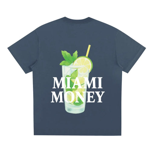 Navy blue t-shirt with a cocktail graphic and 'MIAMI MONEY' text on a white background