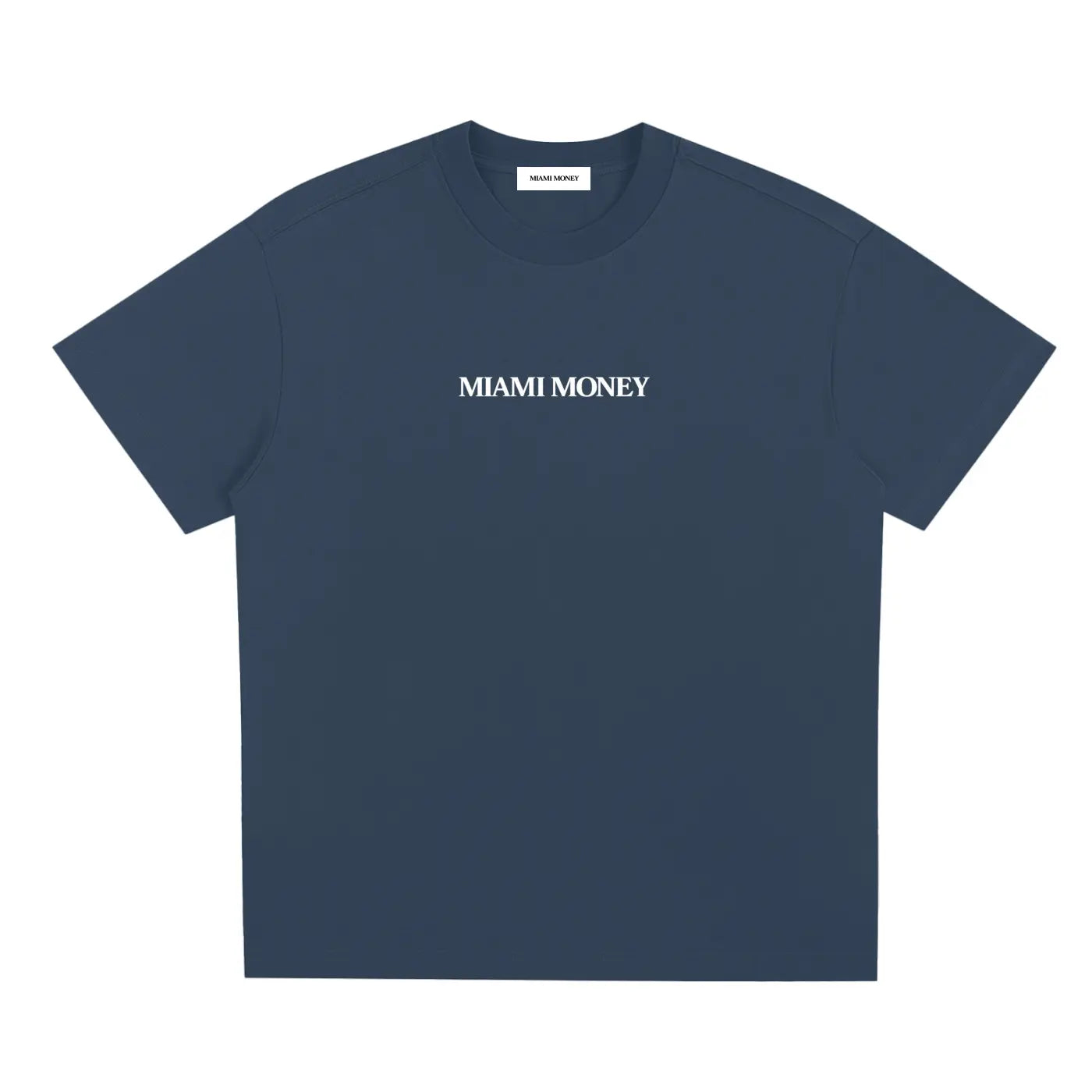 Navy blue t-shirt with 'MIAMI MONEY' text on a white background